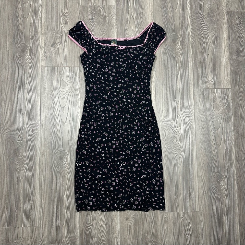 NWT Blu Reed Vintage Black Floral Dress Pink Trim Bow Detail‎ Size L Y2K